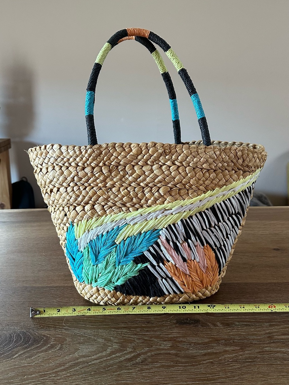 Natural Straw Tote with Turquoise, Lime and Coral Embroidery